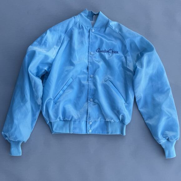 VTG Austin Open Blue Satin Bomber Jacket Mens Medium Varsity Bowling Texas - Picture 2 of 6
